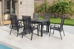 SIENA GARDEN Miros/Savona Move Garten-Essgruppe, Anthrazit, Alu/Textilene, Ausziehtisch 180/240x90 cm, 6 Stapelsessel