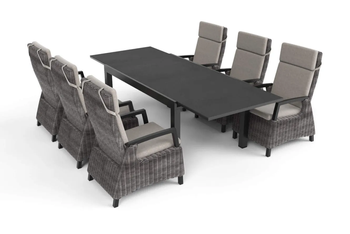 SIENA GARDEN Premium Garten-Essgruppe, anthrazit matt/grau, Aluminium und Polyrattan, Tisch 160/260 x 100 cm, 6 Dining-Sessel