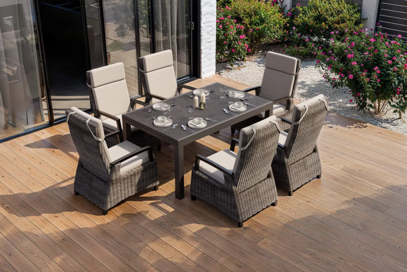 SIENA GARDEN Premium Garten-Essgruppe, anthrazit matt/grau, Aluminium und Polyrattan, Tisch 160/260 x 100 cm, 6 Dining-Sessel