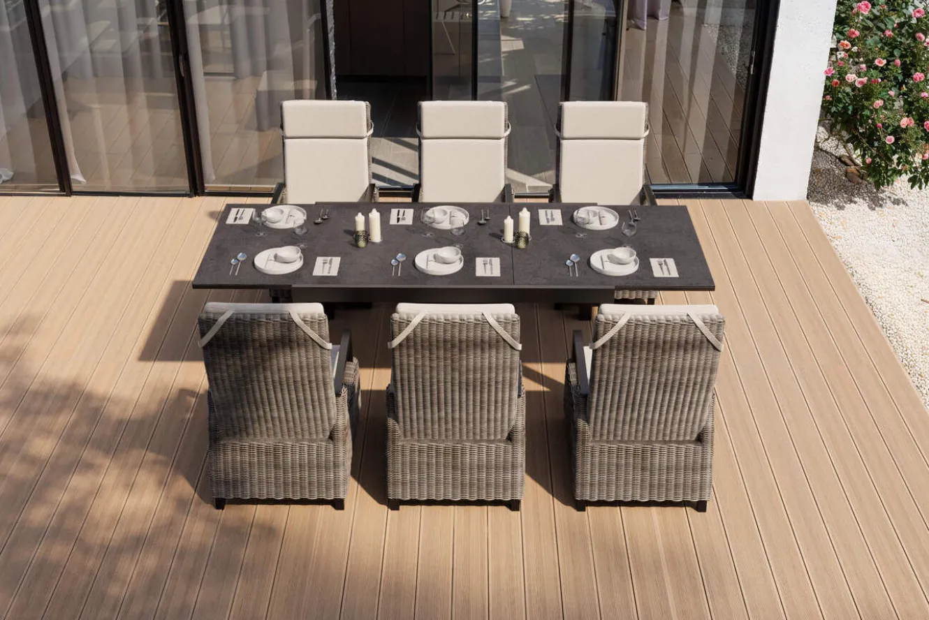 SIENA GARDEN Premium Garten-Essgruppe, anthrazit matt/grau, Aluminium und Polyrattan, Tisch 160/260 x 100 cm, 6 Dining-Sessel
