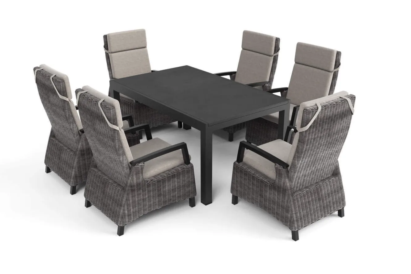 SIENA GARDEN Premium Garten-Essgruppe, anthrazit matt/grau, Aluminium und Polyrattan, Tisch 160/260 x 100 cm, 6 Dining-Sessel