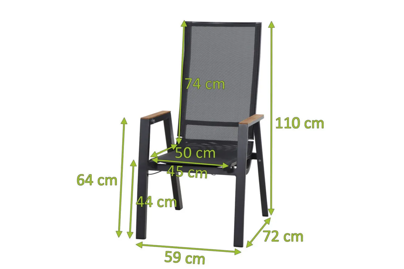 SIENA GARDEN Rondo Move Stapelsessel, anthrazit matt, Alu/Ranotex, 72 x 59 x 110 cm, mit Teak-Armlehnen, stufenlos verstellbar