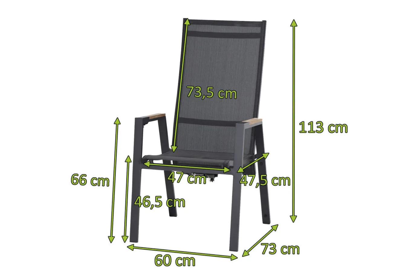 SIENA GARDEN Savona Move Stapelsessel, anthrazit matt, Alu/Ranotex, 73 x 60 x 113 cm, mit Teak-Armlehnen, verstellbar