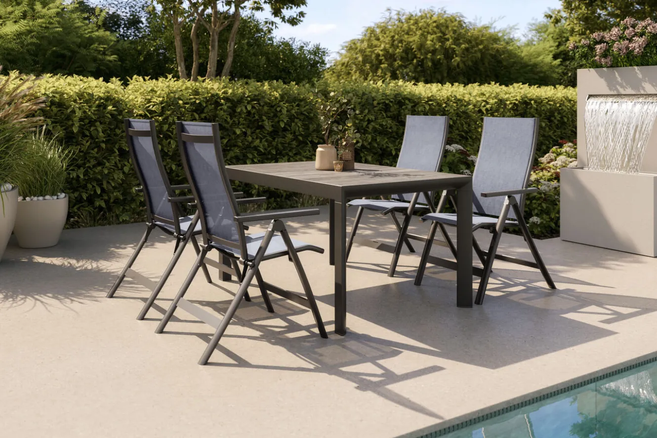 SIENA GARDEN Silva Garten-Essgruppe mit 4 Klappstühlen, anthrazit/grau, Alu/Textilene, Esstisch mit Keramikplatte 140 x 90 cm