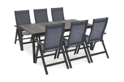 SIENA GARDEN Silva Garten-Essgruppe mit 6 Klappstühlen, anthrazit/grau, Alu/Textilene, Tisch mit Keramikplatte 180 x 100 cm