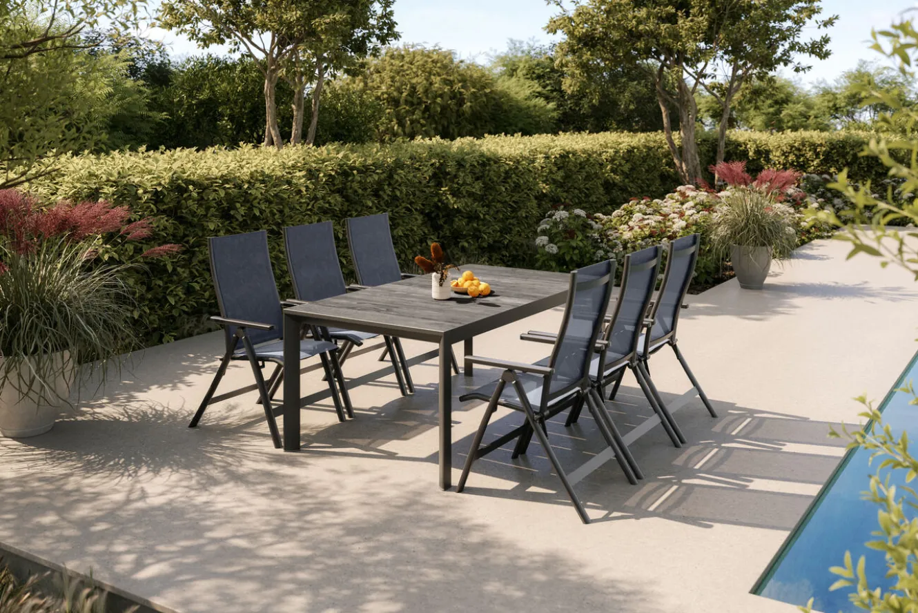 SIENA GARDEN Silva Garten-Essgruppe mit 6 Klappstühlen, anthrazit/grau, Alu/Textilene, Tisch mit Keramikplatte 180 x 100 cm