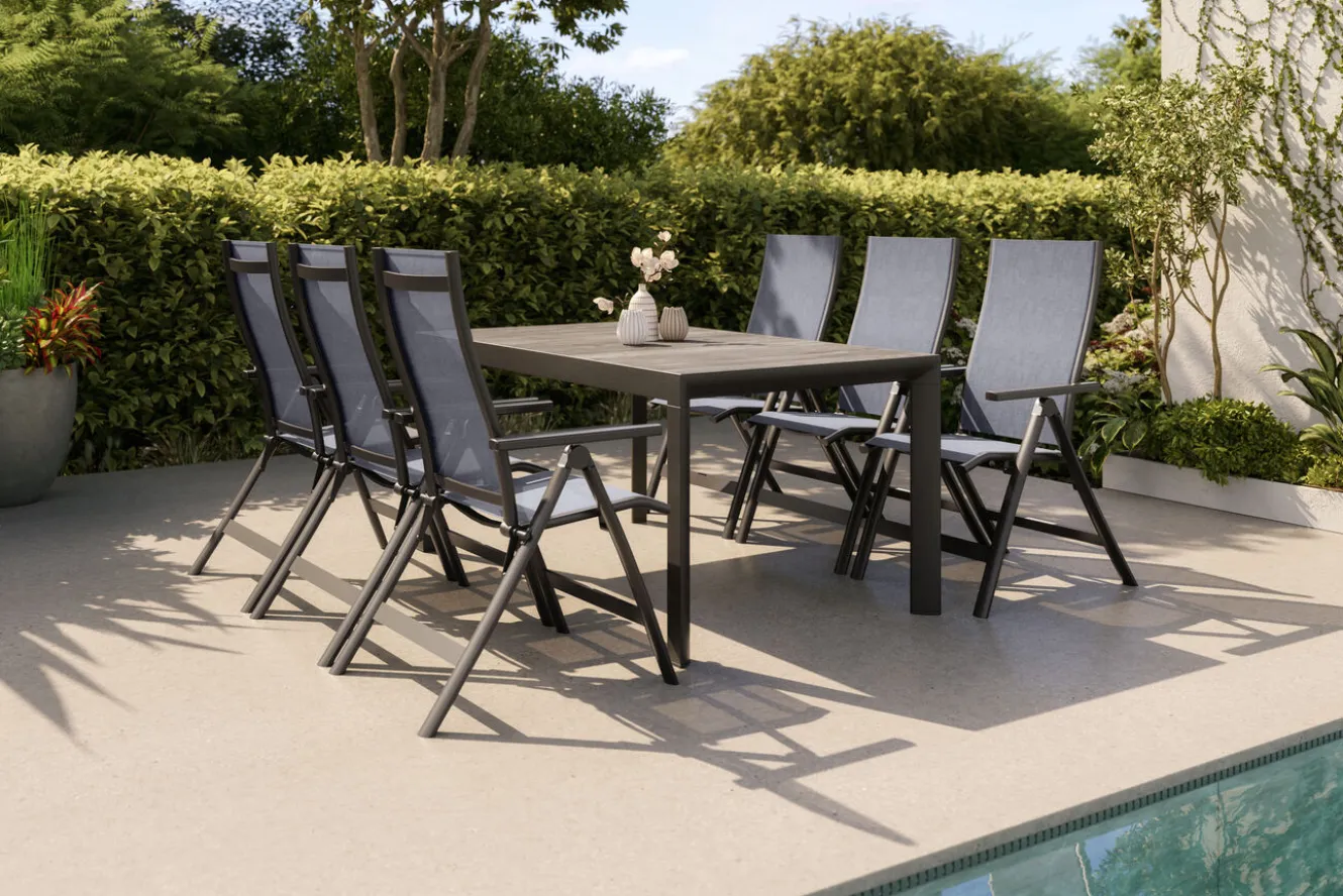 SIENA GARDEN Silva Garten-Essgruppe mit 6 Klappstühlen, anthrazit/grau, Alu/Textilene, Esstisch mit Keramikplatte 160 x 90 cm