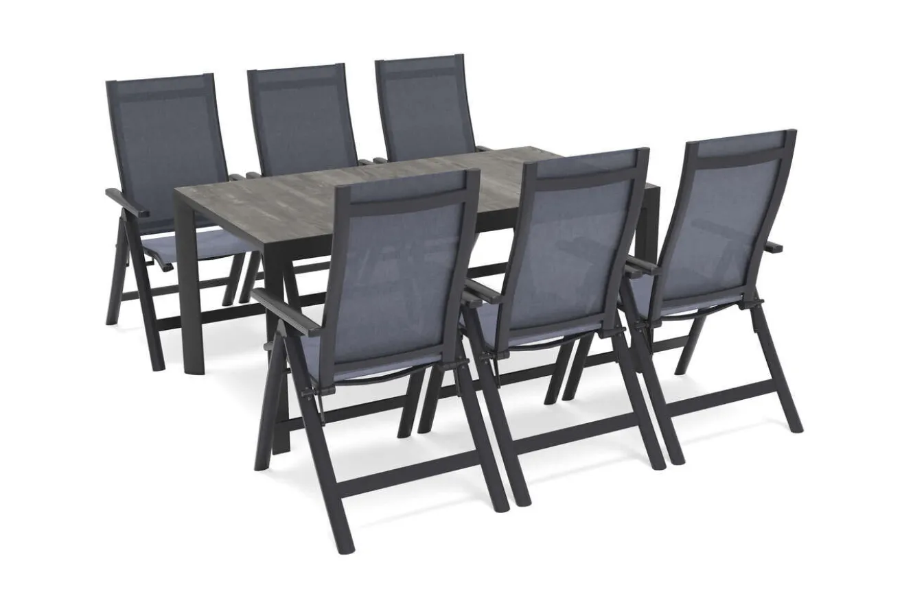 SIENA GARDEN Silva Garten-Essgruppe mit 6 Klappstühlen, anthrazit/grau, Alu/Textilene, Esstisch mit Keramikplatte 160 x 90 cm