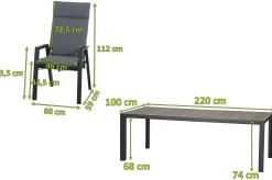 SIENA GARDEN Silva/Valencia Garten-Essgruppe, anthrazit/grau, Alu/Textilgewebe/Keramik, 220 x 100cm, inkl. 6 Diningsessel, stufenlos verstellbar