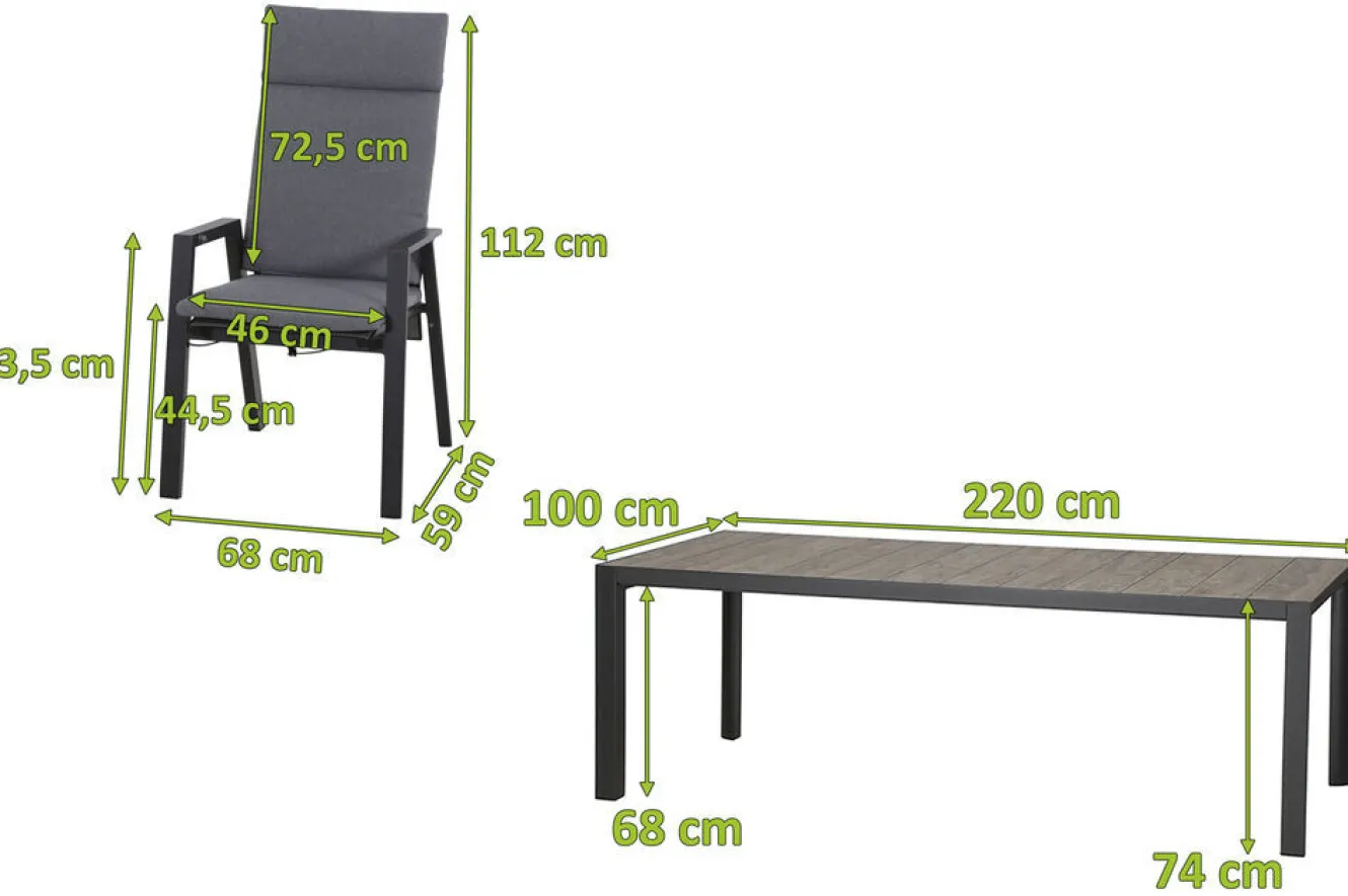 SIENA GARDEN Silva/Valencia Garten-Essgruppe, anthrazit/grau, Alu/Textilgewebe/Keramik, 220 x 100cm, inkl. 6 Diningsessel, stufenlos verstellbar
