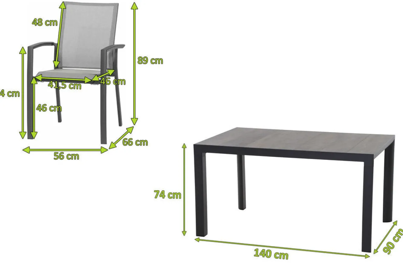 SIENA GARDEN Silva/Velia Garten-Essgruppe, anthrazit/grau, Alu/Ranotex®-Gewebe/Keramik, 140 x 90cm, inkl. 4 Diningsessel