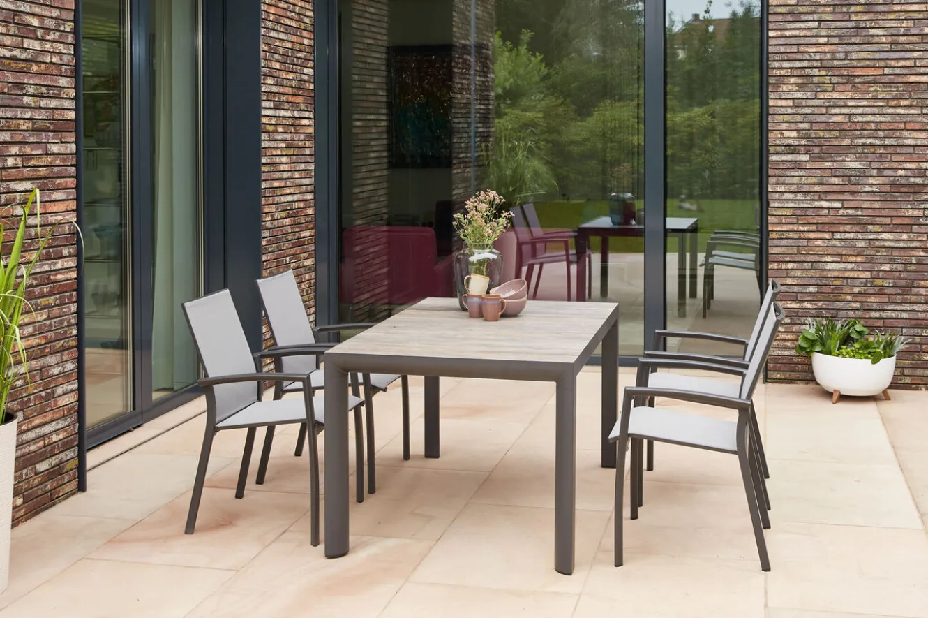 SIENA GARDEN Silva/Velia Garten-Essgruppe, anthrazit/grau, Alu/Ranotex®-Gewebe/Keramik, 140 x 90cm, inkl. 4 Diningsessel