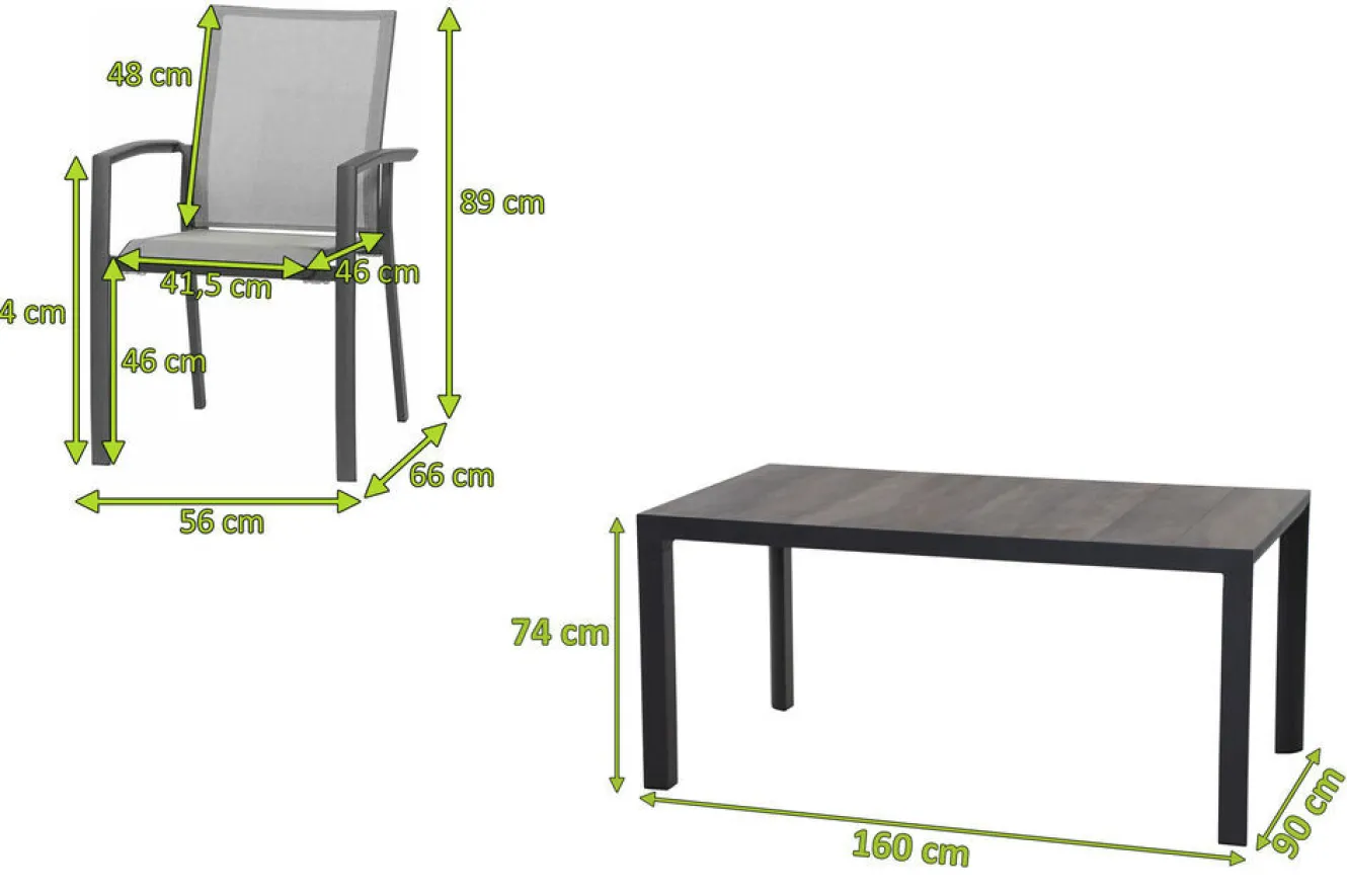SIENA GARDEN Silva/Velia Garten-Essgruppe, anthrazit/grau, Alu/Ranotex®-Gewebe/Keramik, 160 x 90cm, inkl. 4 Diningsessel