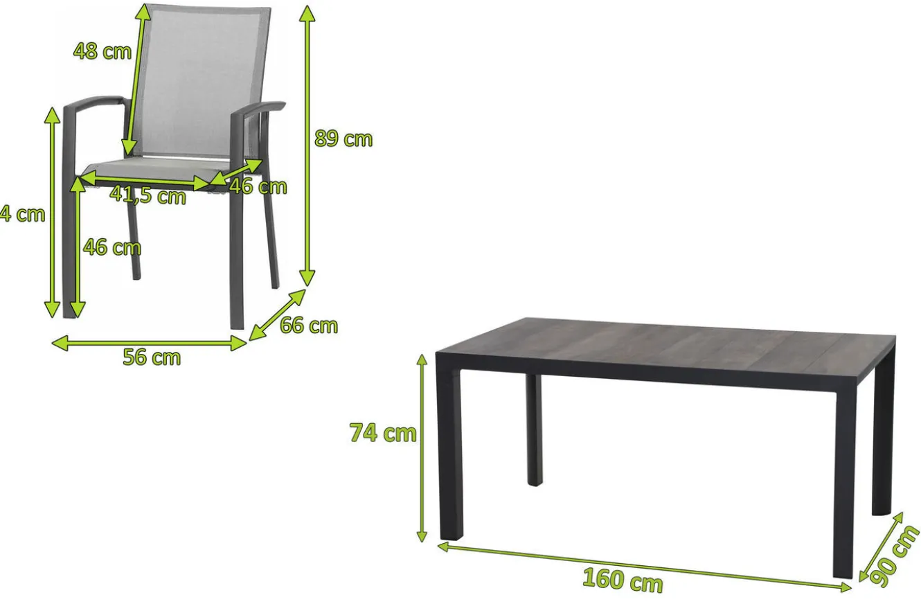 SIENA GARDEN Silva/Velia Garten-Essgruppe, anthrazit/grau, Alu/Ranotex®-Gewebe/Keramik, 160 x 90cm, inkl. 6 Diningsessel