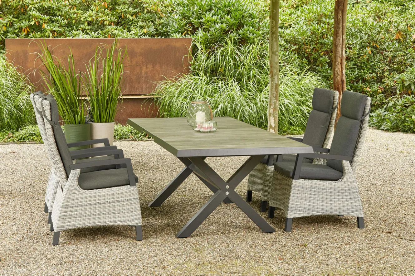 SIENA GARDEN Sincro/Corido Garten-Essgruppe, anthrazit/grau, Alu/Geflecht/Keramik, 200/260 x 100 cm, inkl. 4 Diningsessel