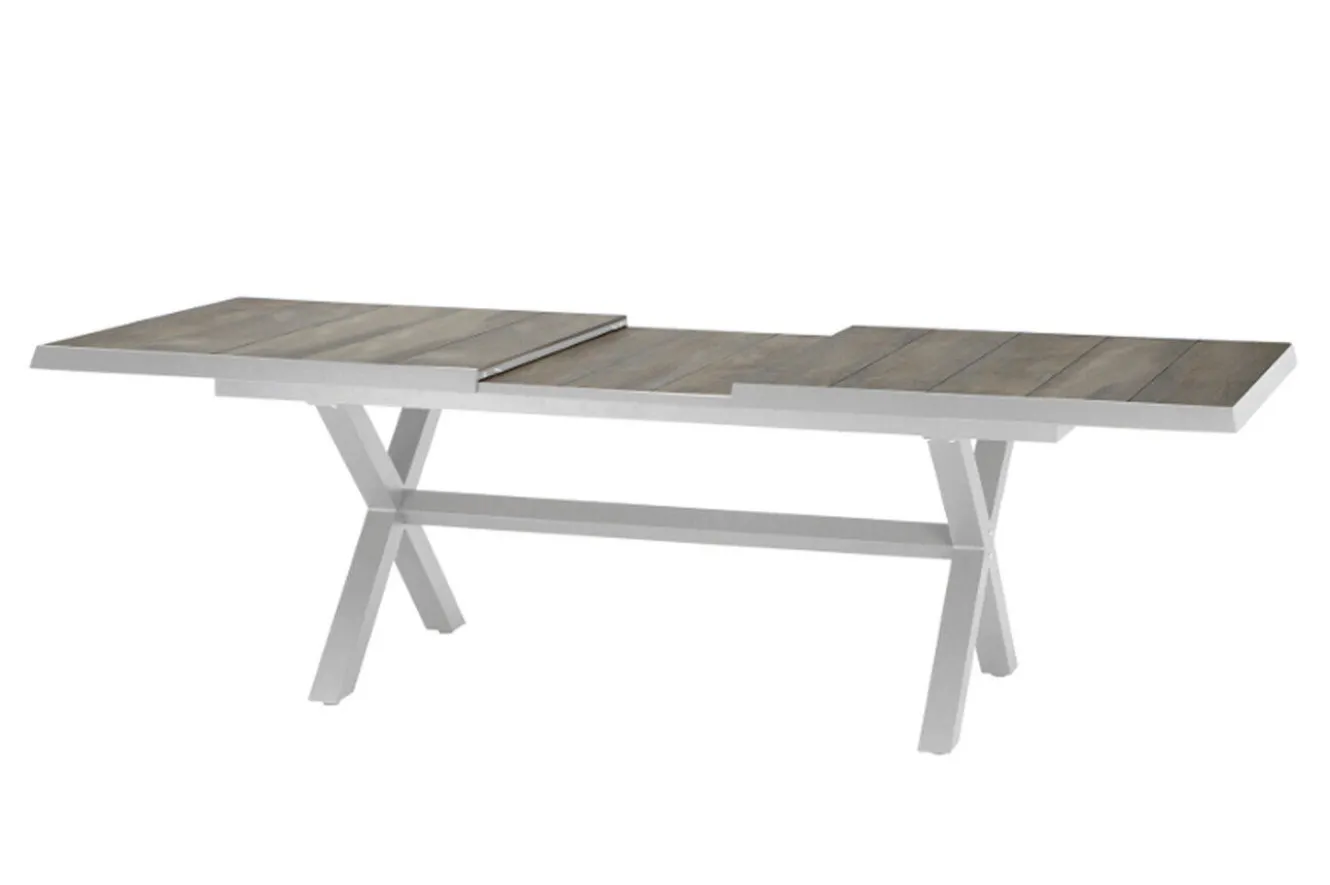 SIENA GARDEN Sincro/Velia Garten-Essgruppe für 6 Personen, matt weiß-grau/washed grey, Alu/Ranotex, ausziehbare Tischplatte aus Keramik, stapelbare Stühle