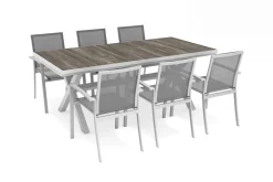 SIENA GARDEN Sincro/Velia Garten-Essgruppe für 6 Personen, matt weiß-grau/washed grey, Alu/Ranotex, ausziehbare Tischplatte aus Keramik, stapelbare Stühle