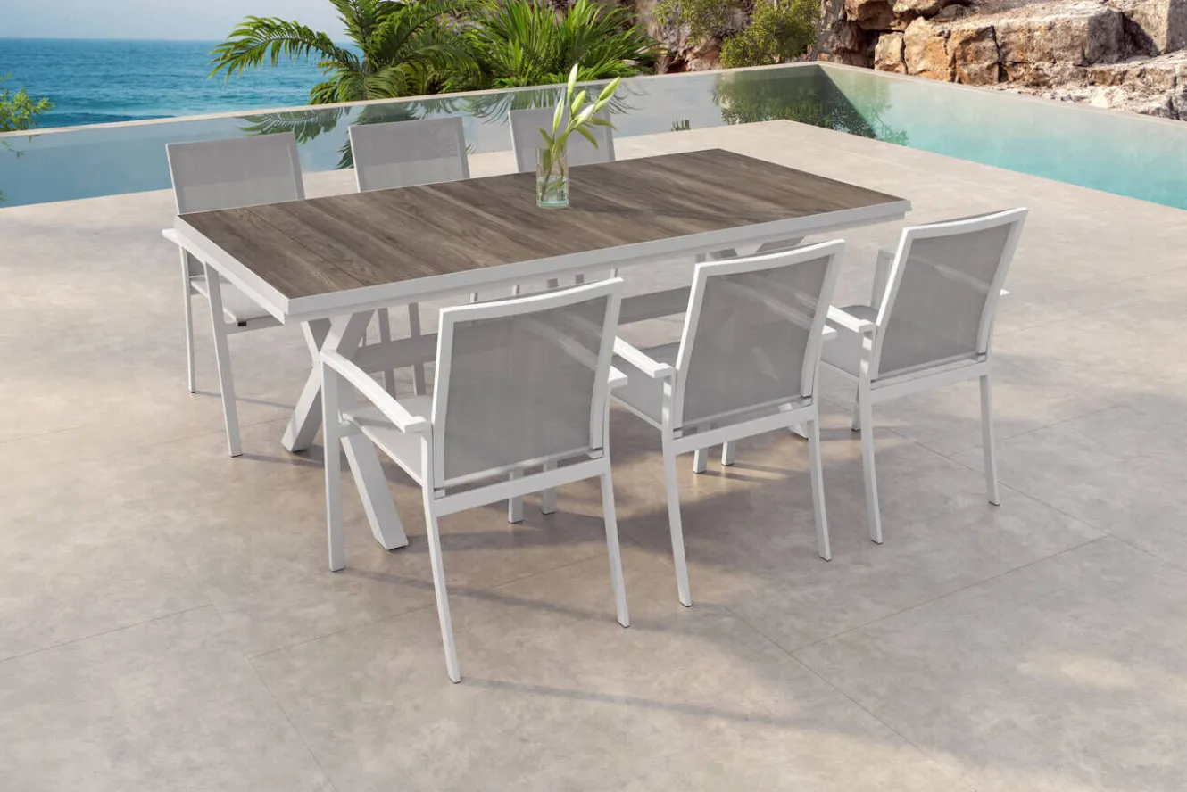 SIENA GARDEN Sincro/Velia Garten-Essgruppe für 6 Personen, matt weiß-grau/washed grey, Alu/Ranotex, ausziehbare Tischplatte aus Keramik, stapelbare Stühle
