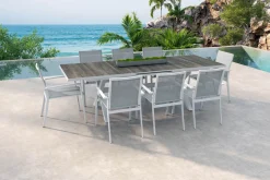 SIENA GARDEN Sincro/Velia Garten-Essgruppe für 8 Personen, matt weiß-grau/washed grey, Alu/Ranotex, ausziehbare Tischplatte aus Keramik, stapelbare Stühle