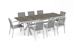 SIENA GARDEN Sincro/Velia Garten-Essgruppe für 8 Personen, matt weiß-grau/washed grey, Alu/Ranotex, ausziehbare Tischplatte aus Keramik, stapelbare Stühle