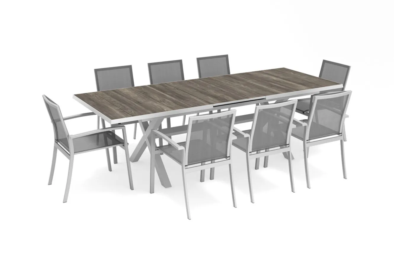 SIENA GARDEN Sincro/Velia Garten-Essgruppe für 8 Personen, matt weiß-grau/washed grey, Alu/Ranotex, ausziehbare Tischplatte aus Keramik, stapelbare Stühle
