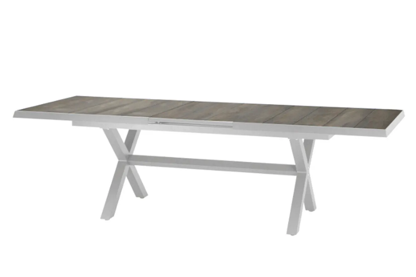 SIENA GARDEN Sincro/Velia Garten-Essgruppe für 8 Personen, matt weiß-grau/washed grey, Alu/Ranotex, ausziehbare Tischplatte aus Keramik, stapelbare Stühle