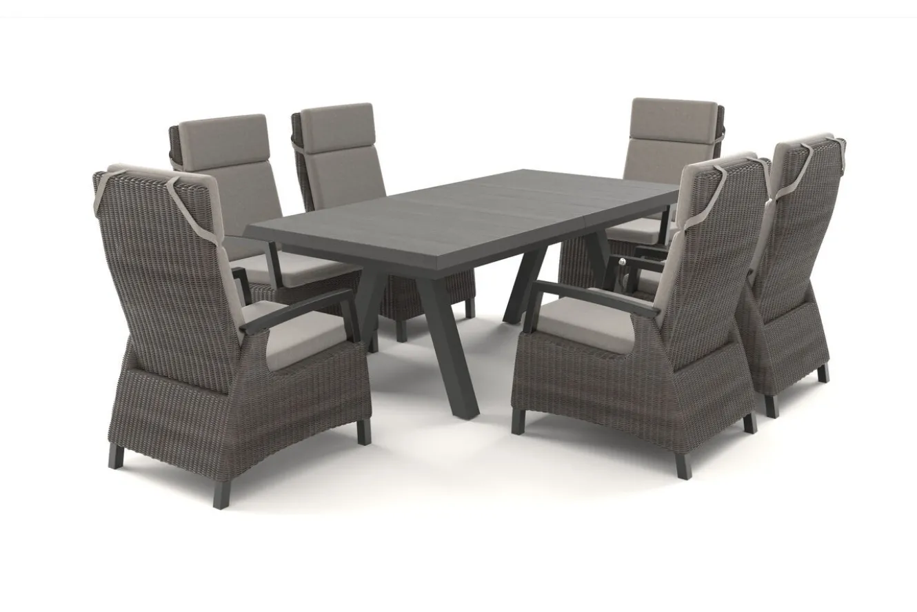SIENA GARDEN Tirana/Corido Garten-Essgruppe, matt anthrazit, Alu/Polyrattan/Keramik, Ausziehtisch, 6 Dining Sessel