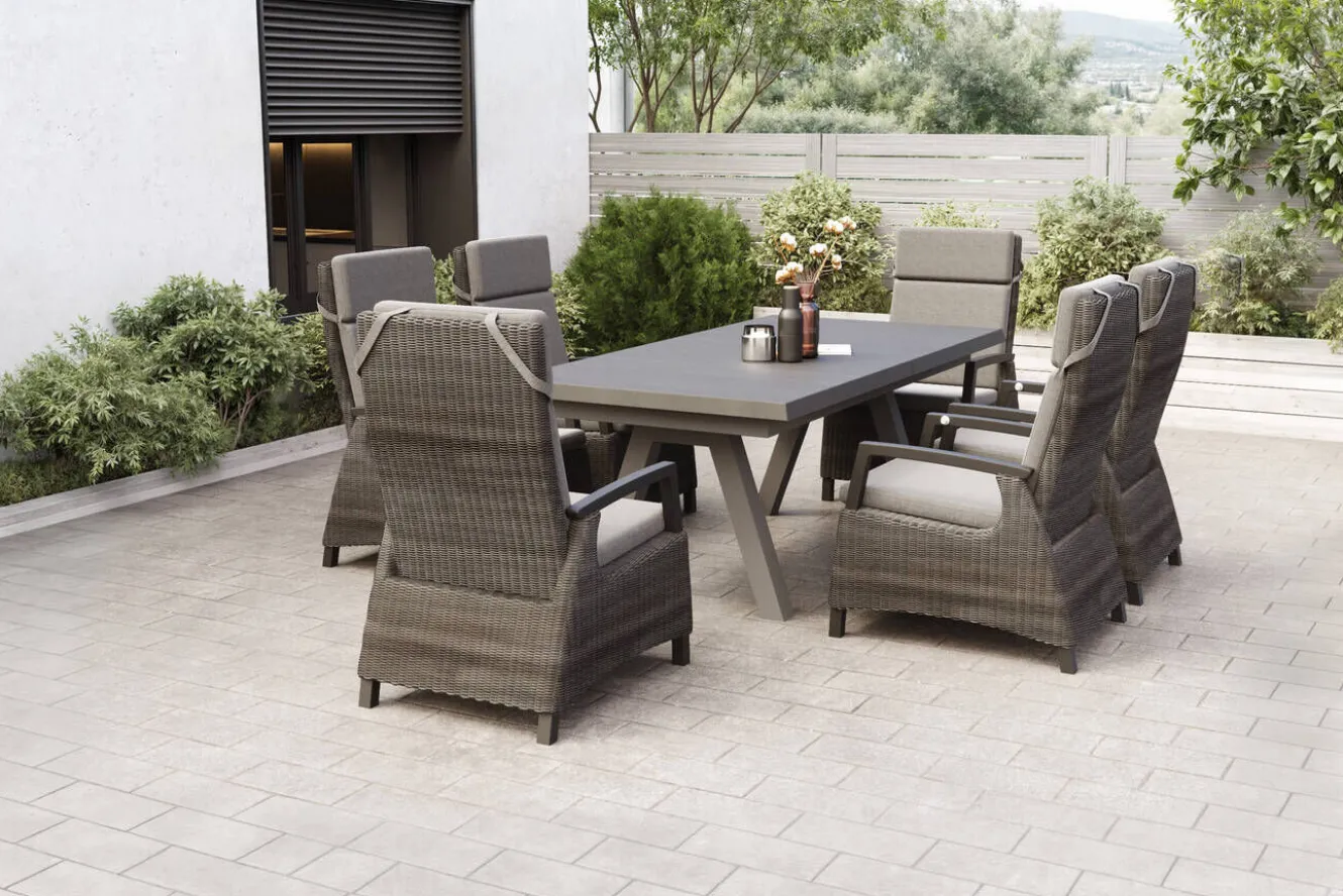 SIENA GARDEN Tirana/Corido Garten-Essgruppe, matt anthrazit, Alu/Polyrattan/Keramik, Ausziehtisch, 6 Dining Sessel