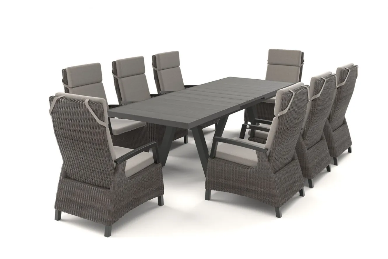 SIENA GARDEN Tirana/Corido Garten-Essgruppe, anthrazit, Aluminium/Keramik/Polyrattan, Ausziehtisch, 8 verstellbare Sessel