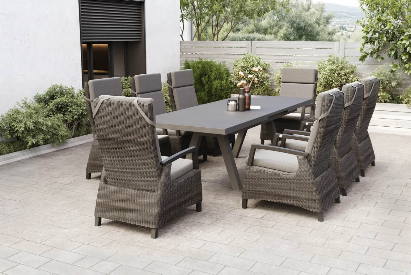 SIENA GARDEN Tirana/Corido Garten-Essgruppe, anthrazit, Aluminium/Keramik/Polyrattan, Ausziehtisch, 8 verstellbare Sessel