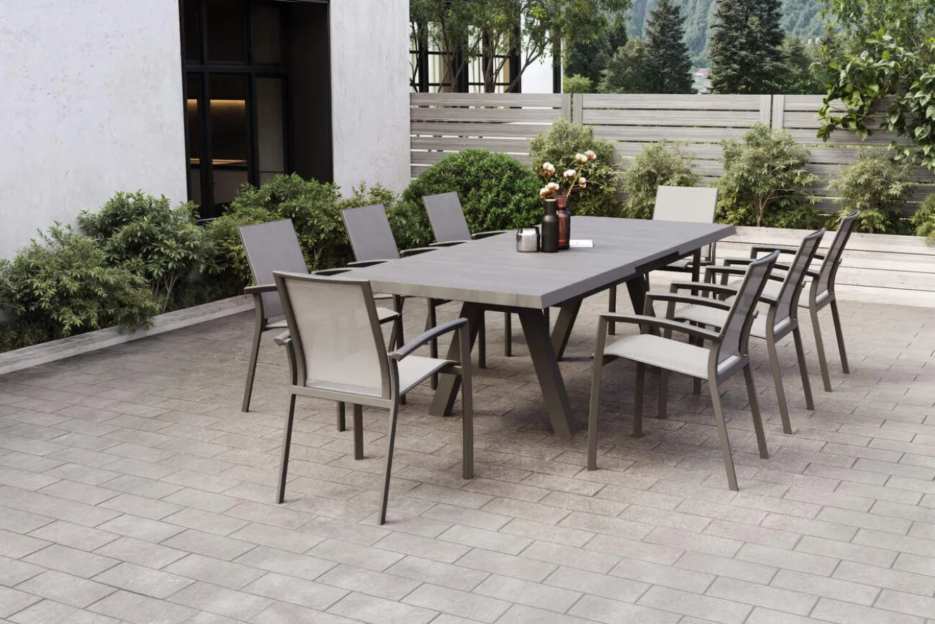 SIENA GARDEN Tirana/Velia Garten-Essgruppe, matt anthrazit/wood-grey, Aluminium/Keramik, Ausziehtisch, 8 Stapelsessel