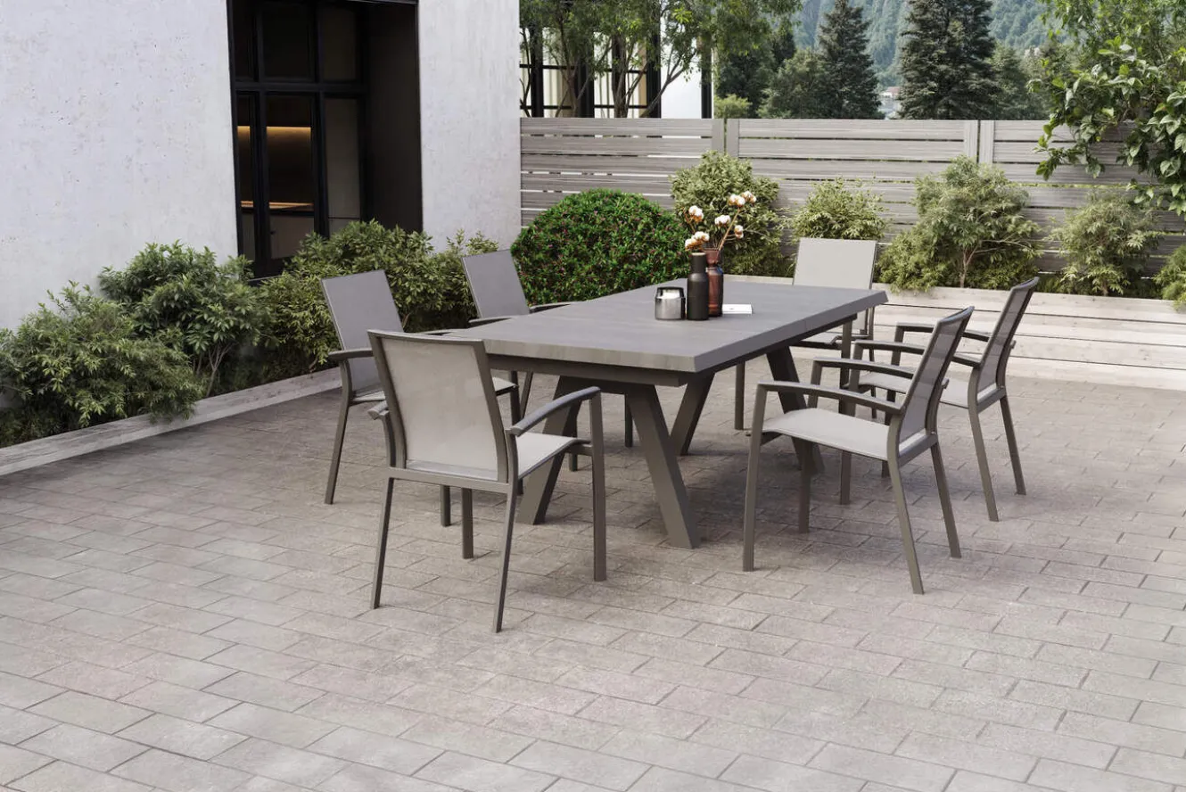 SIENA GARDEN Tirana/Velia Garten-Essgruppe, matt anthrazit/wood-grey, Aluminium/Keramik, Ausziehtisch, 6 Stapelsessel