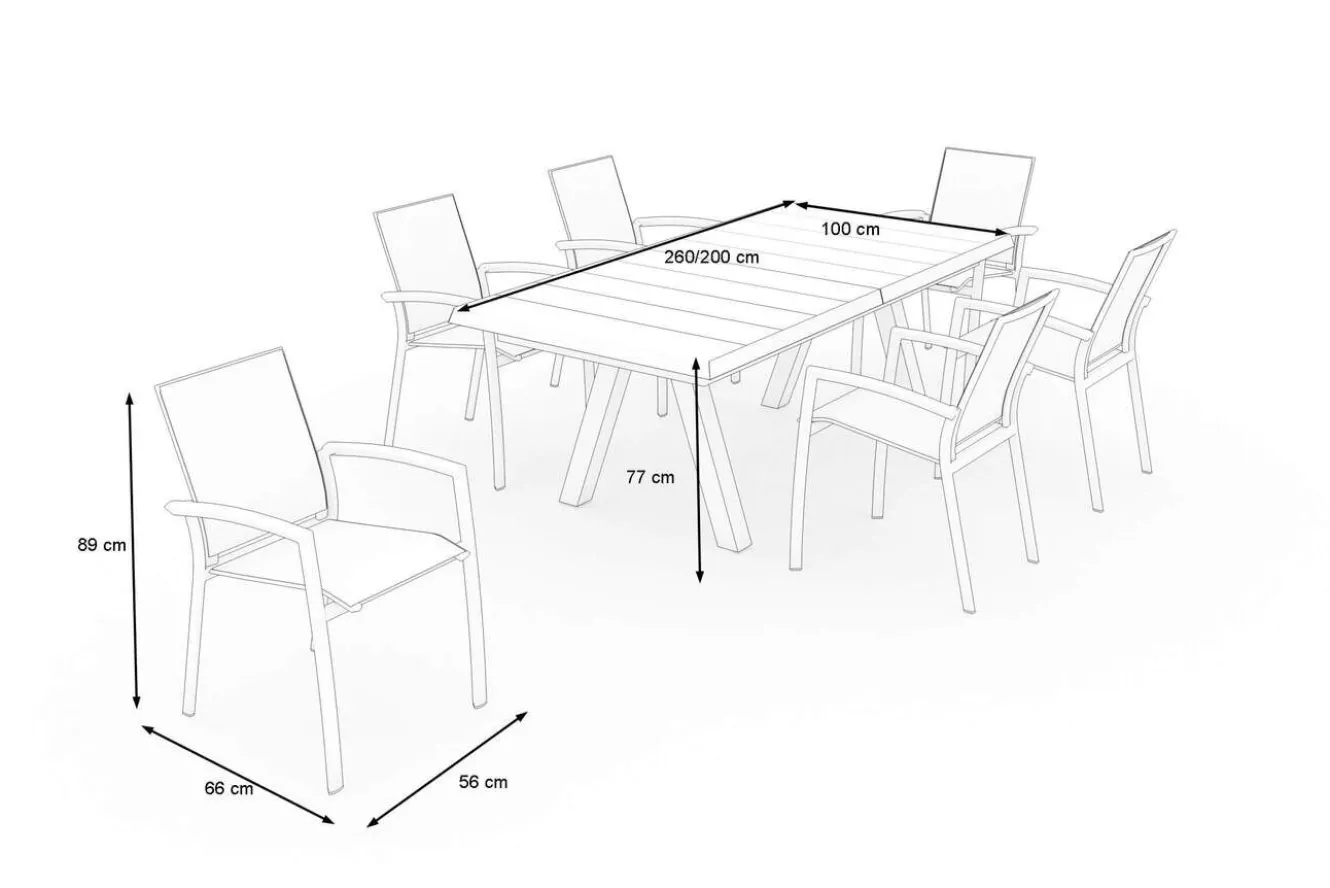 SIENA GARDEN Tirana/Velia Garten-Essgruppe, matt anthrazit/wood-grey, Aluminium/Keramik, Ausziehtisch, 6 Stapelsessel