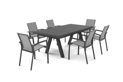SIENA GARDEN Tirana/Velia Garten-Essgruppe, matt anthrazit/wood-grey, Aluminium/Keramik, Ausziehtisch, 6 Stapelsessel