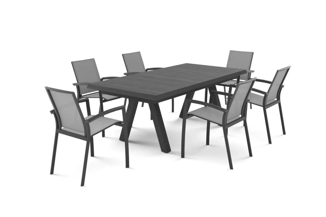 SIENA GARDEN Tirana/Velia Garten-Essgruppe, matt anthrazit/wood-grey, Aluminium/Keramik, Ausziehtisch, 6 Stapelsessel
