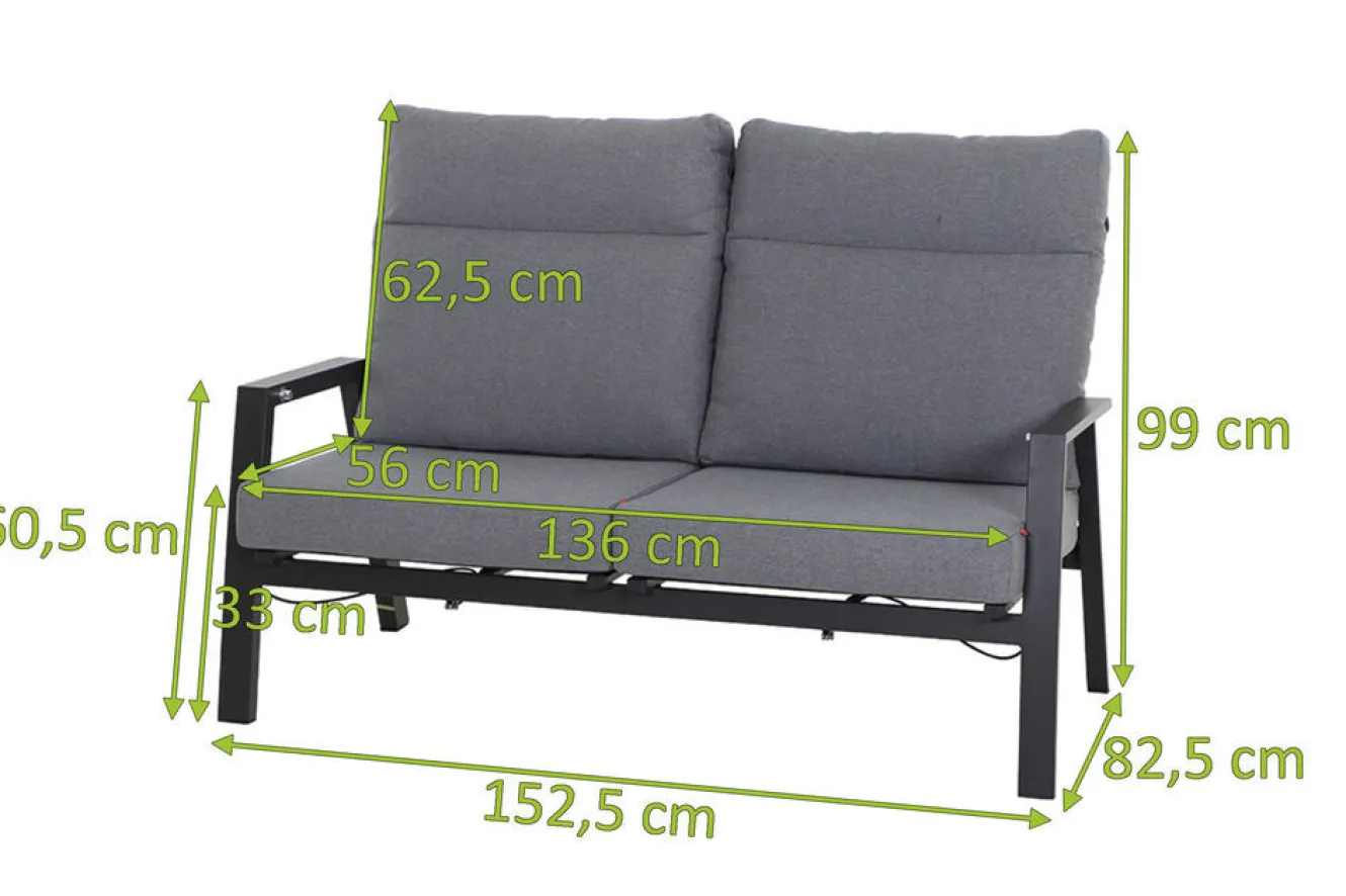 SIENA GARDEN Valencia 2-Sitzer Sofa, anthrazit matt, Alu/Ranotex, 152 x 82 x 99 cm, stufenlos verstellbar, inkl. Kissen