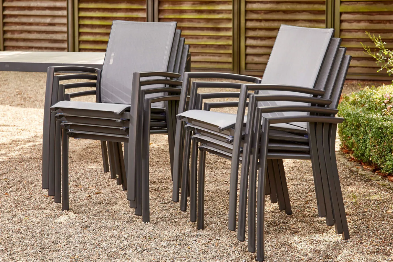 SIENA GARDEN Velia / Silva Garten-Essgruppe, anthrazit/washed grey, Alu/Ranotex/Keramik, 8 Sessel, Tisch 220 x 100 cm