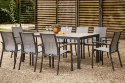SIENA GARDEN Velia / Silva Garten-Essgruppe, anthrazit/washed grey, Alu/Ranotex/Keramik, 8 Sessel, Tisch 220 x 100 cm