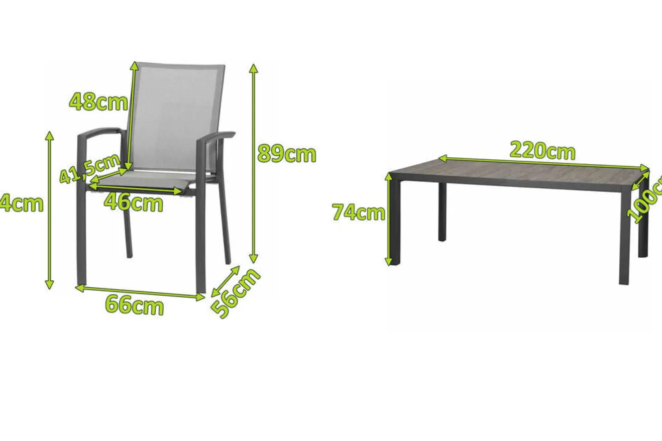 SIENA GARDEN Velia / Silva Garten-Essgruppe, anthrazit/washed grey, Alu/Ranotex/Keramik, 8 Sessel, Tisch 220 x 100 cm