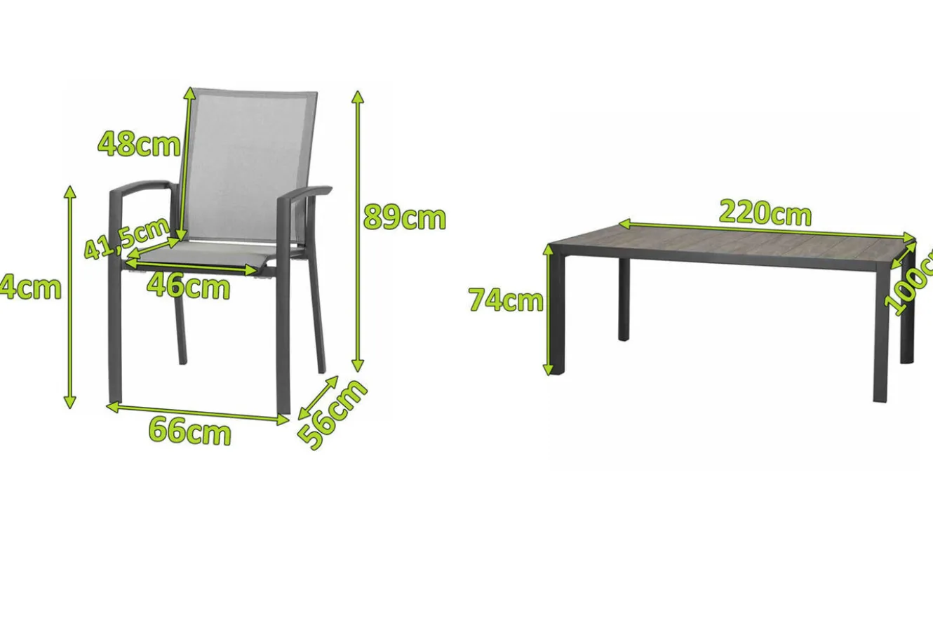 SIENA GARDEN Velia / Silva Garten-Essgruppe, anthrazit/washed grey, Alu/Ranotex/Keramik, 8 Sessel, Tisch 220 x 100 cm