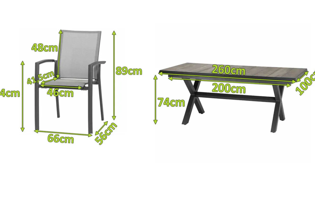 SIENA GARDEN Velia / Sincro Garten-Essgruppe, anthrazit/natur-grau, Alu/Ranotex/Keramik, 6 Sessel, Ausziehtisch 200/260 x 100 cm