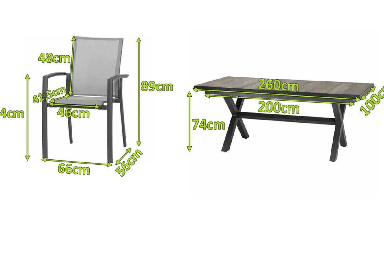 SIENA GARDEN Velia / Sincro Garten-Essgruppe, anthrazit/natur-grau, Alu/Ranotex/Keramik, 6 Sessel, Ausziehtisch 200/260 x 100 cm