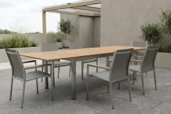 STERN Cardiff Garten-Essgruppe, silber/taupe, Edelstahl/Teak, Tisch 200/300 x 100 cm, 6 Stapelsessel, FSC®-zertifiziertes Produkt