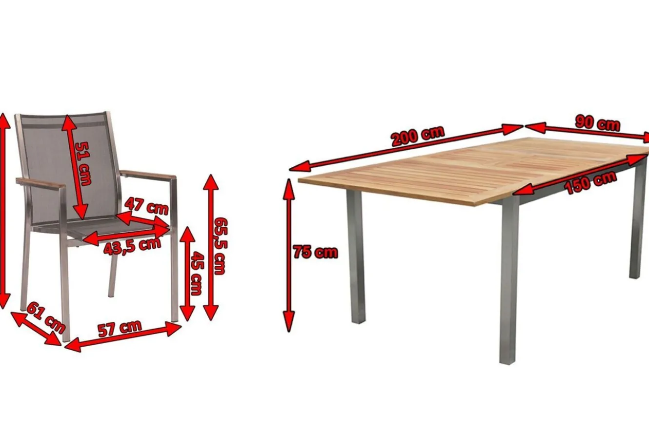 STERN Cardiff Garten-Essgruppe, silber/silbergrau, Edelstahl/Teak, Tisch 150/200 x 90 cm, 6 Stapelsessel
