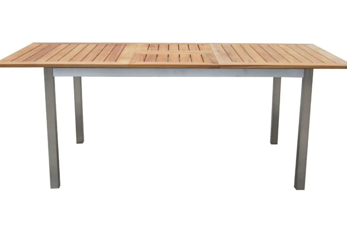 STERN Cardiff Garten-Essgruppe, silber/silbergrau, Edelstahl/Teak, Tisch 150/200 x 90 cm, 6 Stapelsessel