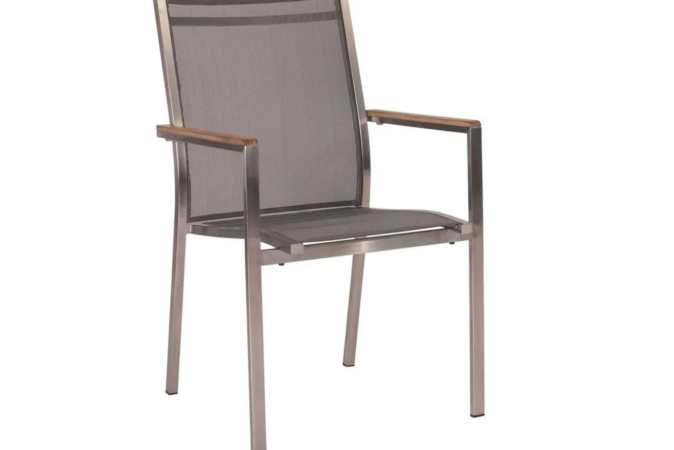 STERN Cardiff Garten-Essgruppe, silber/silbergrau, Edelstahl/Teak, Tisch 150/200 x 90 cm, 6 Stapelsessel