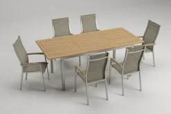 STERN Cardiff Garten-Essgruppe, silber/taupe, Edelstahl/Textilen/Teakholz, 162/220 x 90 cm, 6 Stapelsessel, Butterfly-Auszug