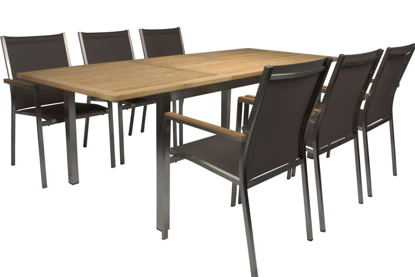 STERN Cardiff Garten-Essgruppe, taupe/grau, Edelstahl/Textil, 162/220 x 90 cm, 6 Pers., Teakholz