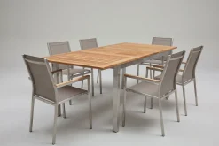 STERN Cardiff Garten-Essgruppe, silber/taupe, Edelstahl/Teak, Tisch 150/200 x 90 cm, 6 Stapelsessel