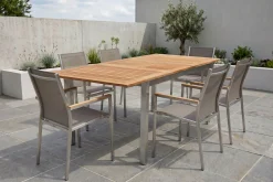 STERN Cardiff Garten-Essgruppe, silber/taupe, Edelstahl/Teak, Tisch 150/200 x 90 cm, 6 Stapelsessel